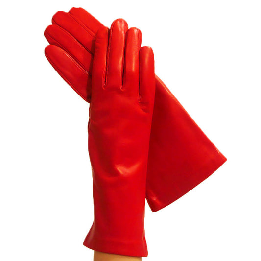 Ladies Ferrari Red 4-bt. Italian Leather Gloves, Lined in Silk - Solo Classe
